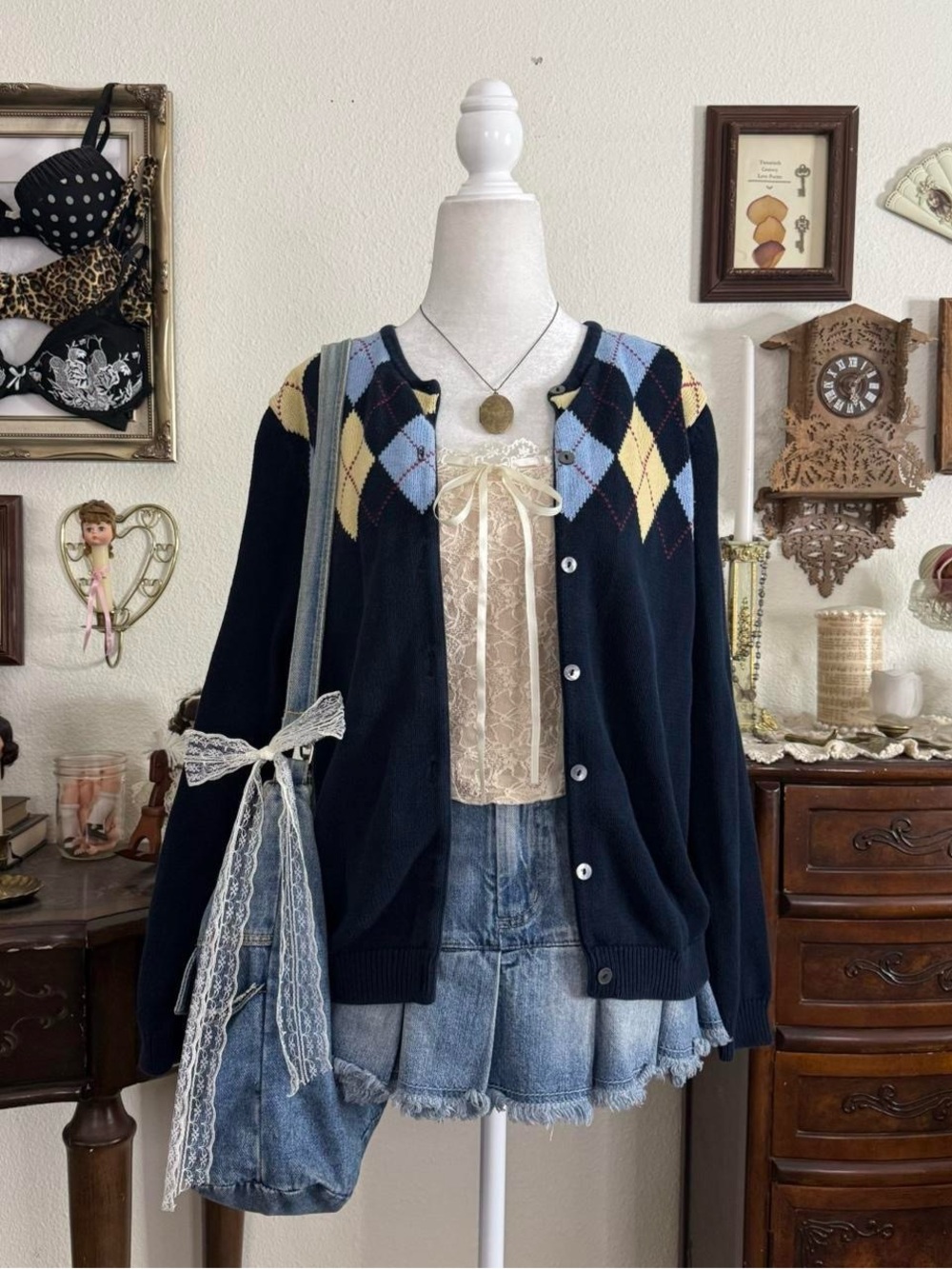 90’s preppy girly grunge navy blue argyle cozy cardigan